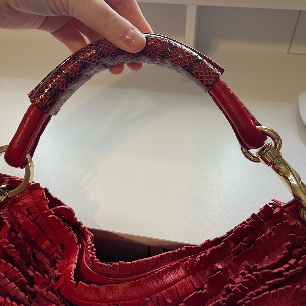 Jimmy Choo Red Suede Leather and Snakeskin Fringe Hobo Shoulder Bag - Picture 9 of 16